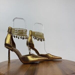 Womens Sam Edelman Darra Embellished Gold Leather Pointed Toe Pumps Size 8 M GUC